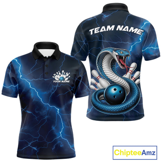 Front and back mens bowling polo featuring a blue cobra snake coiled around a bowling ball with scattered pins and lightning fantasy styling.