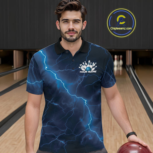 Male model wearing a bowling polo in a bowling alley with blue cobra artwork surrounding a bowling ball.