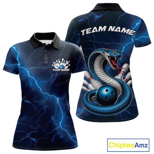 Front and back womens bowling polo featuring a blue cobra snake coiled around a bowling ball with scattered pins and lightning fantasy styling.