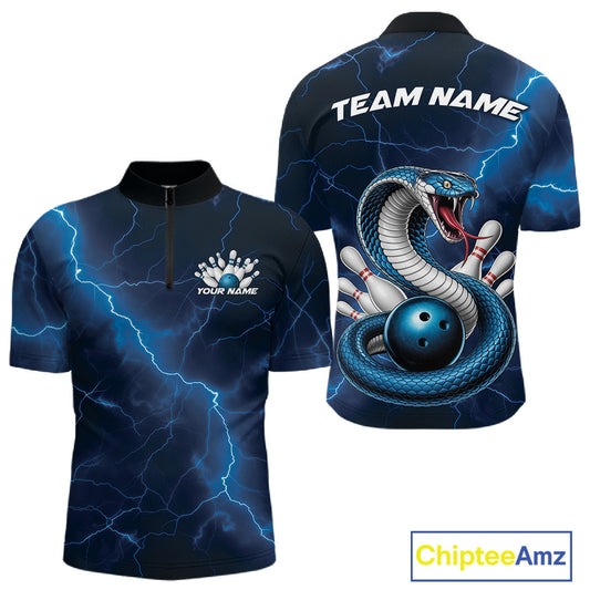 Front and back mens bowling quarter-zip featuring a blue cobra snake coiled around a bowling ball with scattered pins and fantasy lightning effects.