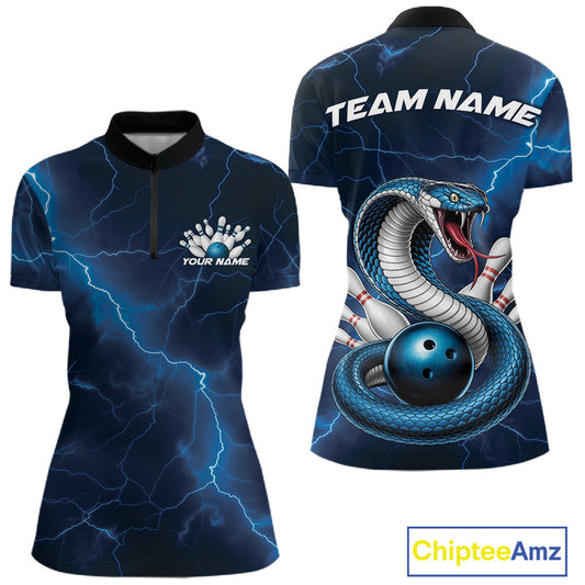 Womens bowling quarter-zip featuring a blue cobra coiled around a bowling ball with scattered pins and lightning accents.