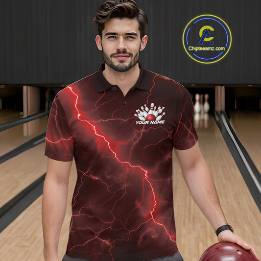 Male model at the bowling lane wearing a bowling polo with red cobra artwork and bowling-themed graphics.