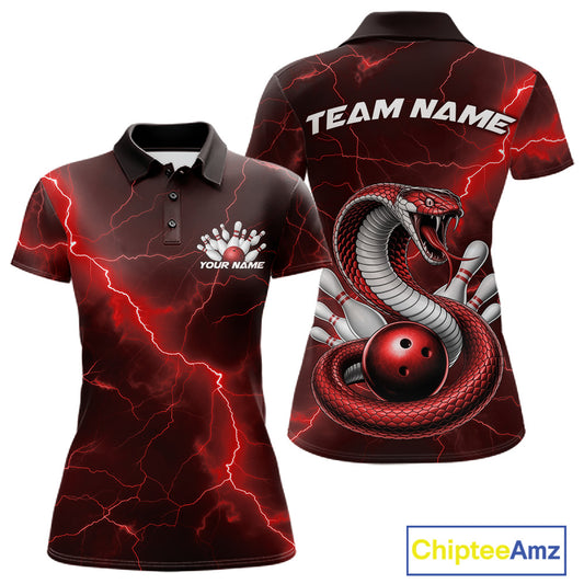 Front and back womens bowling polo featuring a red cobra snake coiled around a bowling ball with scattered pins and lightning-inspired artwork.