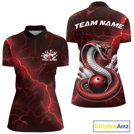 Front and back womens bowling quarter-zip featuring a red cobra wrapped around a bowling ball with scattered pins.