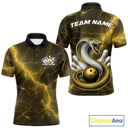 Front and back mens bowling polo featuring a yellow cobra snake coiled around a bowling ball with scattered bowling pins and fantasy lightning artwork.