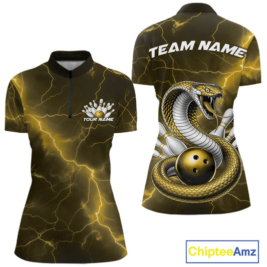 Front and back womens bowling quarter-zip featuring a yellow cobra wrapped around a bowling ball with scattered pins.
