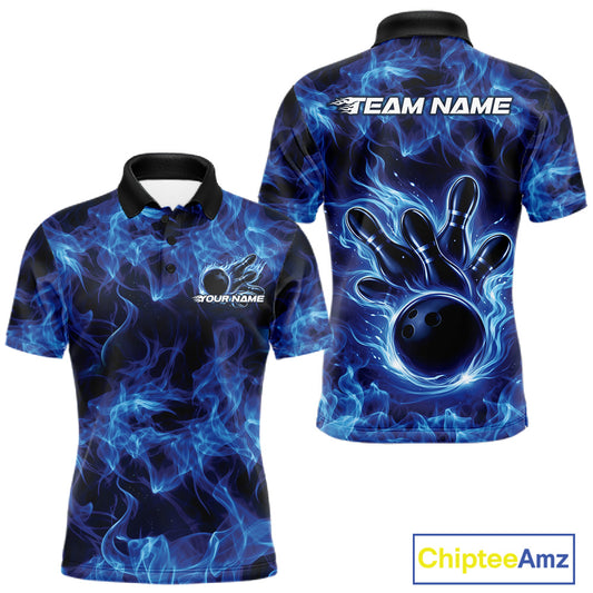 Front and back mens blue bowling polo featuring a bowling ball surrounded by blazing flame artwork.