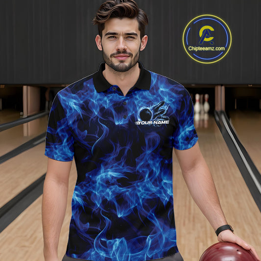 Male model wearing a blue bowling polo in a bowling lane with fiery bowling ball graphics and bold flame details.