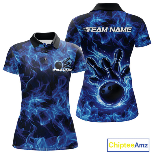 Front and back womens blue bowling polo featuring a bowling ball surrounded by flame-inspired artwork.