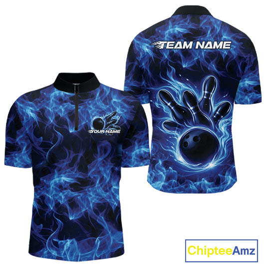 Front and back mens blue bowling quarter-zip featuring a bowling ball encircled by flame-inspired graphics.