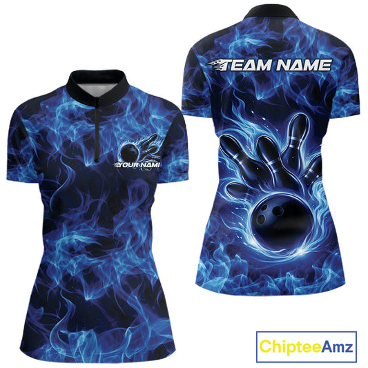 Front and back womens blue bowling quarter-zip featuring a bowling ball surrounded by flame-inspired graphics.