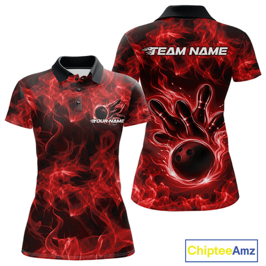 Front and back womens red bowling polo featuring a bowling ball surrounded by bold flame graphics.