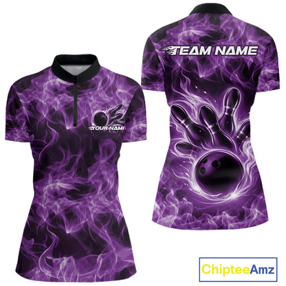 Front and back womens purple bowling quarter-zip featuring a bowling ball surrounded by blazing flame artwork.