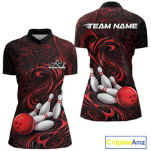 Load image into Gallery viewer, Front and back view of a black and red womens bowling quarter-zip shirt featuring a tribal flame bowling ball and pins graphic
