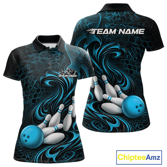Front and back view of a black and blue womens bowling polo shirt featuring a tribal flame bowling ball and pins graphic