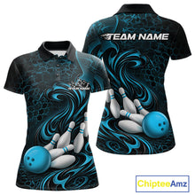 Load image into Gallery viewer, Front and back view of a black and blue womens bowling polo shirt featuring a tribal flame bowling ball and pins graphic