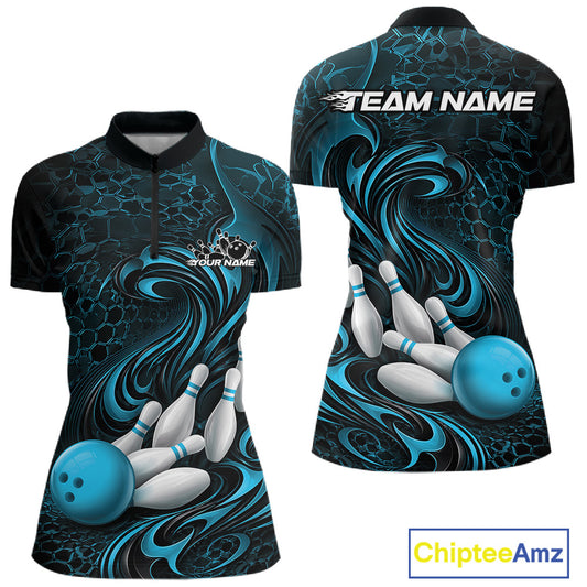 Front and back mockup of a womens black and blue bowling quarter-zip pullover featuring a tribal flame bowling ball and pins graphic.