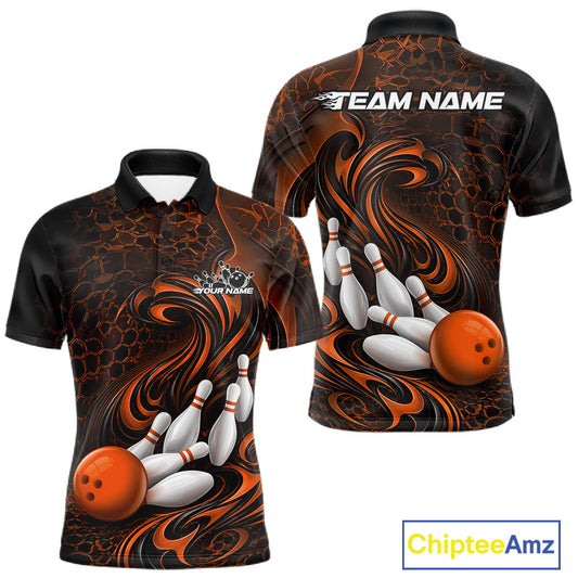 Front and back view of a black and orange mens bowling polo shirt featuring a tribal flame bowling ball and pins graphic