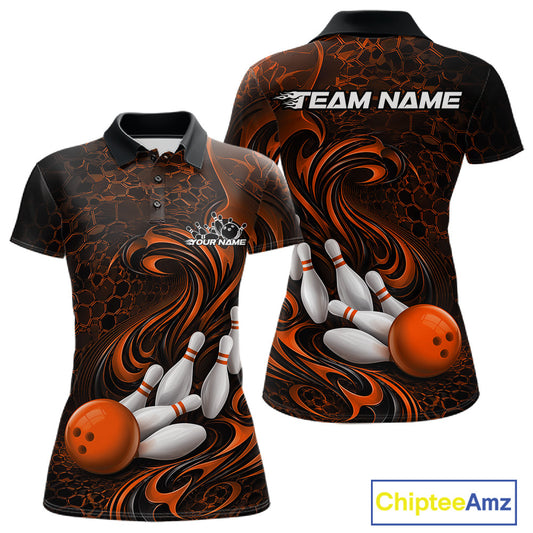 Front and back view of a black and orange womens bowling polo shirt featuring a tribal flame bowling ball and pins graphic