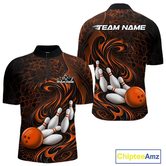Front and back view of a black and orange mens bowling quarter-zip shirt featuring a tribal flame bowling ball and pins graphic