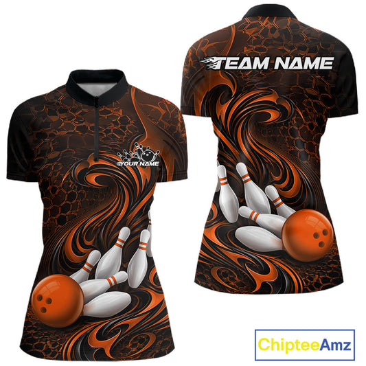 Front and back view of a black and orange womens bowling quarter-zip shirt featuring a tribal flame bowling ball and pins graphic