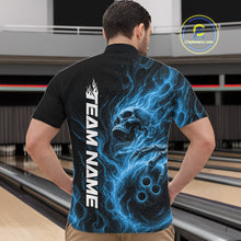 Load image into Gallery viewer, Male model wearing a black bowling quarter-zip shirt in a bowling alley with a skull holding a bowling ball surrounded by swirling blue energy flames