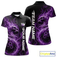 Load image into Gallery viewer, Front and back view of a women's bowling polo shirt mockup featuring a purple flaming skull gripping a bowling ball with swirling energy effects on a black shirt