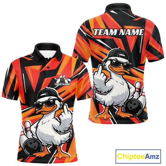 Front and back mens bowling polo mockup featuring a duck beside a bowling ball and pins with geometric accents in black and orange.