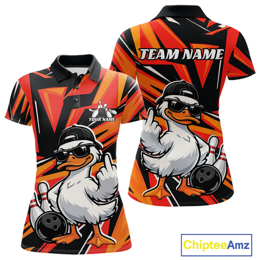 Womens bowling polo mockup shown from front and back with a duck beside a bowling ball and pins on a black and orange color scheme.