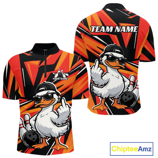 Front and back mens bowling quarter-zip mockup featuring a duck beside bowling pins and a bowling ball with geometric background details.