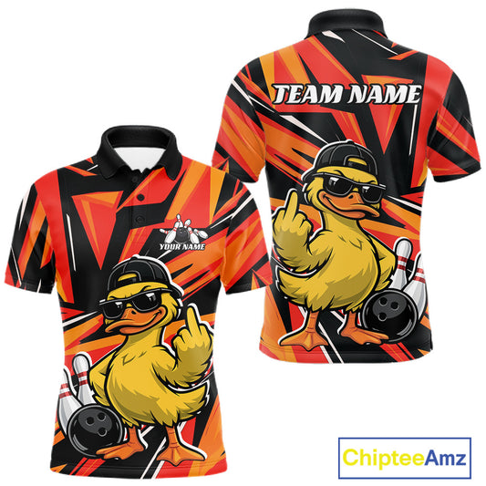 Front and back views of a mens bowling polo with duck-themed graphics beside bowling pins and a bowling ball on a black and orange design.
