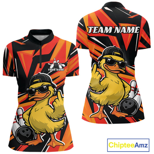 Womens black and orange quarter-zip bowling shirt shown from front and back with a duck, bowling ball, pins, and geometric artwork.