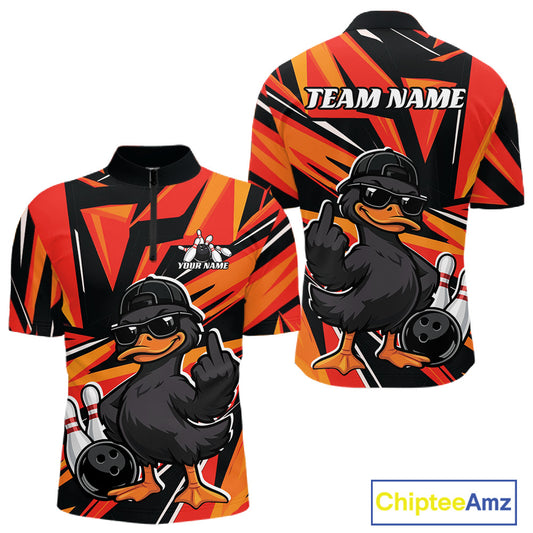 Front and back mens black and orange bowling quarter-zip featuring a duck in sunglasses and cap beside bowling pins and a bowling ball.