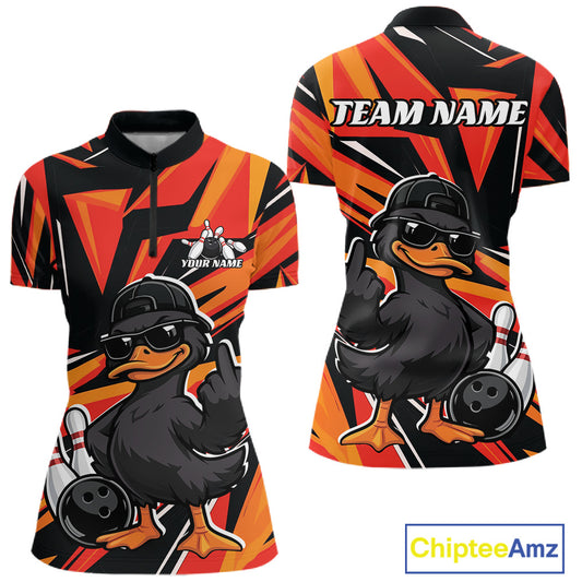 Front and back womens bowling quarter-zip mockup in black and orange featuring a duck in sunglasses and cap beside bowling pins and a bowling ball.