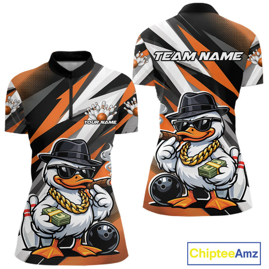 Front and back mockup of womens bowling quarter zip in black and orange showcasing duck wearing sunglasses and fedora holding cash and cigar beside bowling ball and pins with bold sports themed artwork.