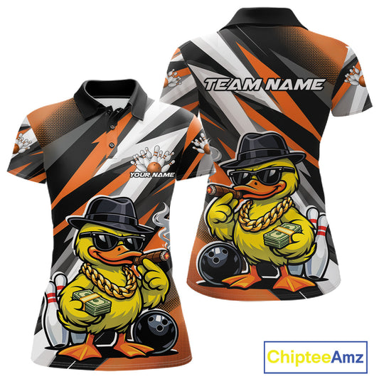 Front and back view women’s polo shirt mockup featuring duck in sunglasses and fedora holding cash and cigar beside bowling ball and pins black and orange design