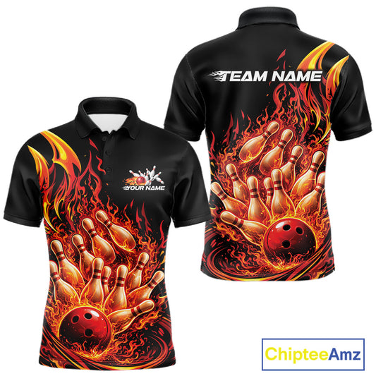 Front and back views of a mens black and red bowling polo showcasing a flaming bowling ball hitting bowling pins.