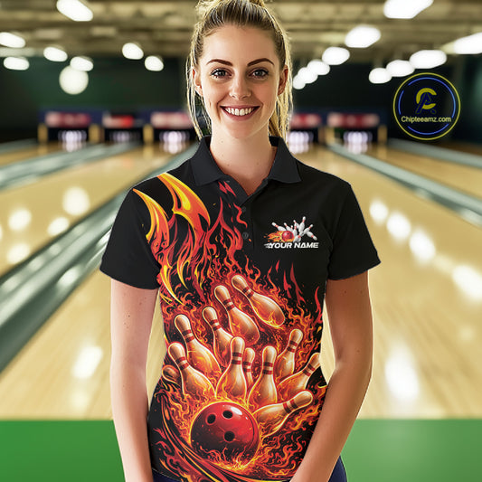 Female model in bowling lane wearing polo shirt with flaming bowling ball striking pins turquoise blue dynamic sports design