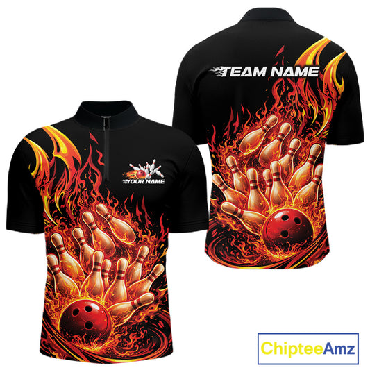 Front and back view men’s quarter-zip bowling shirt mockup featuring flaming bowling ball crashing into pins red fiery theme