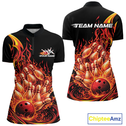 Front and back mockup of womens bowling quarter zip in black and red showcasing flaming bowling ball crashing into pins with intense fiery sports artwork.