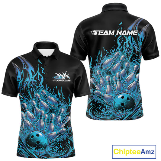 Front and back mens bowling polo mockup in black and blue with a fiery bowling ball crashing through pins illustration.