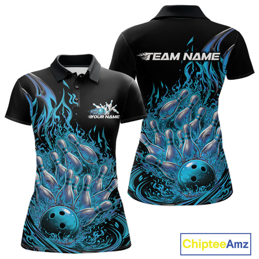 Front and back view of a women’s polo shirt featuring flaming bowling ball striking pins purple explosive fire burst artwork
