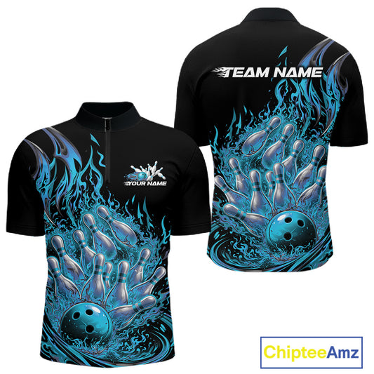 Front and back view men’s quarter-zip bowling shirt mockup featuring flaming bowling ball crashing into pins blue fire theme