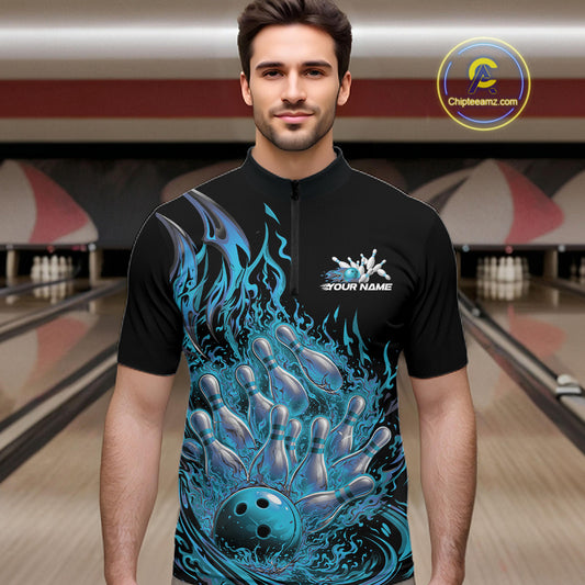 Male model in bowling lane wearing quarter-zip shirt with flaming bowling ball striking pins blue dynamic fire artwork