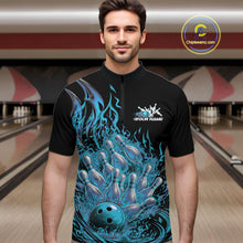 Load image into Gallery viewer, Custom Blue Fire Flame Bowling Men Quarter-Zip Shirts, Bowling Team League Shirt IPHW11138