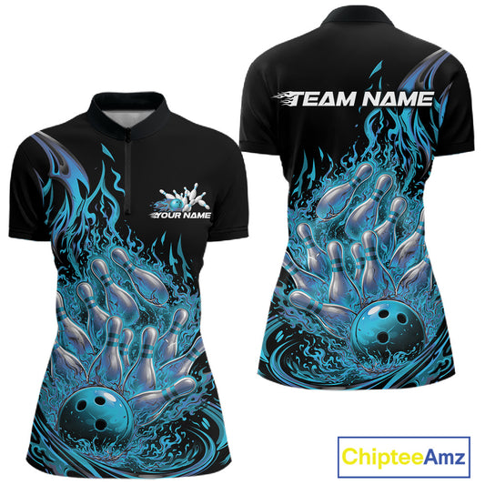 Front and back mockup of womens bowling quarter zip shirt in black and blue featuring flaming bowling ball crashing into pins with vivid fire themed artwork.