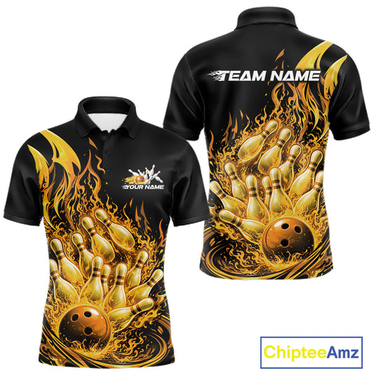Mens bowling polo mockup in black and yellow shown from front and back with flaming bowling ball artwork crashing into pins.
