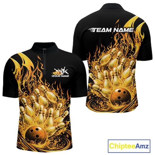 Front and back view men’s quarter-zip bowling shirt mockup featuring flaming bowling ball crashing into pins yellow fire theme
