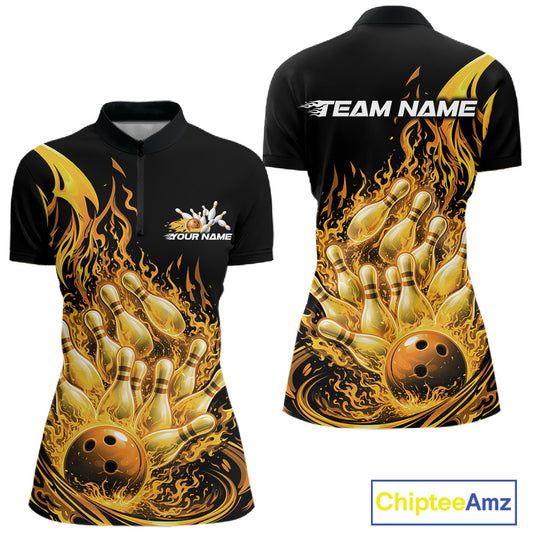 Front and back view mockup of a womens bowling quarter zip in black and yellow showcasing a flaming bowling ball striking pins with explosive fire burst artwork.