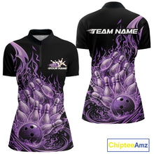 Load image into Gallery viewer, Custom Purple Fire Flame Bowling Women Quarter-Zip Shirts, Bowling Team League Shirt IPHW11140